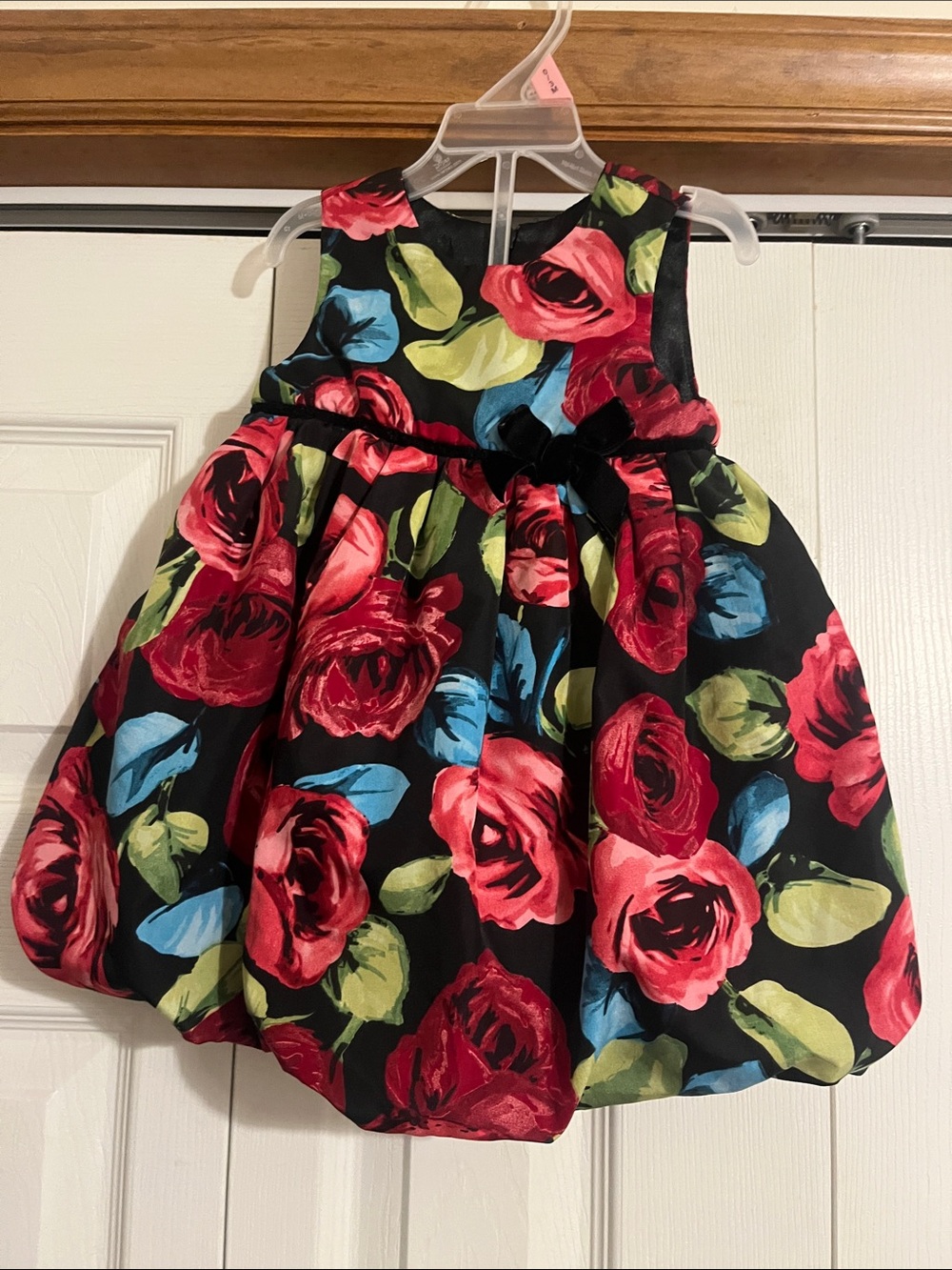 The Children's Place Black Floral Dress with Red Roses and Blue Leaves